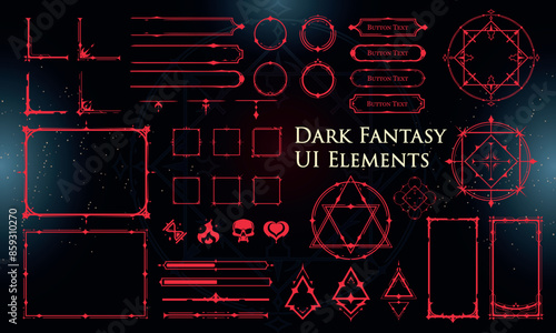 Set of Dark Fantasy Elements for user interface, poster, video. Fantasy magic HUD. Template for rpg game interface. Vector Illustration EPS10