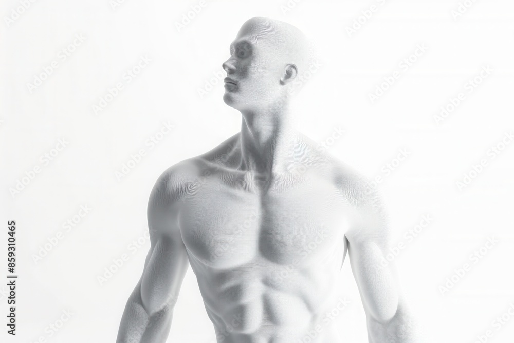 3d cgi image of a human torso showing head to belly, plain, no features, featureless, white 3d cgi image of a human torso showing head to belly, plain, no features, featureless, white