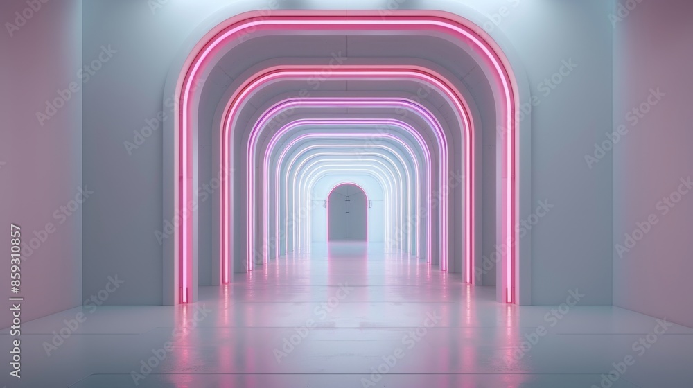 Futuristic neon-lit arched hallway with a reflective floor, showcasing a modern, colorful, and symmetrical design in vibrant pink and blue hues. Futuristic neon-lit arched hallway with a reflective floor, showcasing a modern, colorful, and symmetrical design in vibrant pink and blue hues.