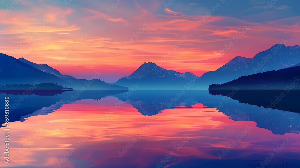 A serene mountain lake nestled between rugged peaks with views of sunset A serene mountain lake nestled between rugged peaks with views of sunset