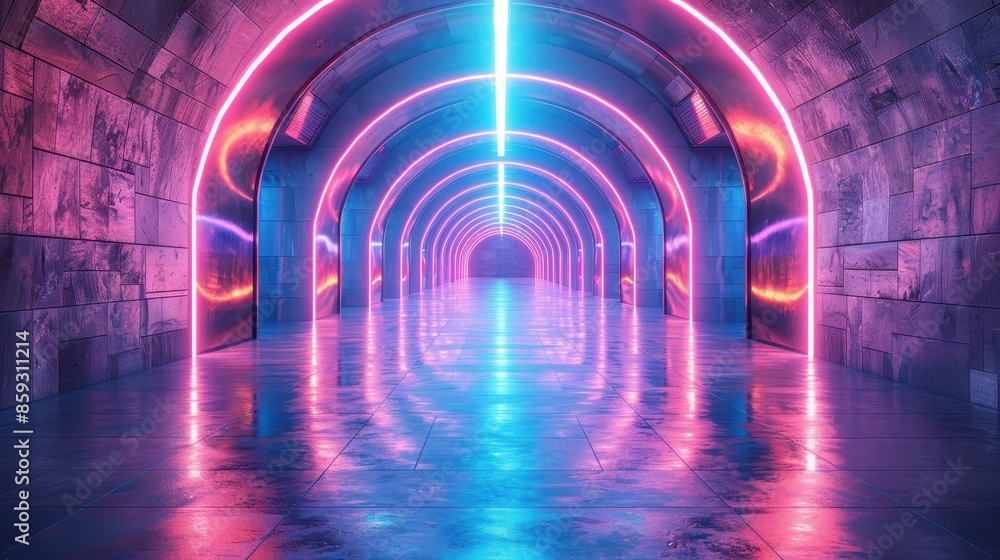 A striking neon-lit tunnel featuring multiple arches and highly reflective surfaces, creating a captivating and immersive futuristic journey through vivid colors and light. A striking neon-lit tunnel featuring multiple arches and highly reflective surfaces, creating a captivating and immersive futuristic journey through vivid colors and light.