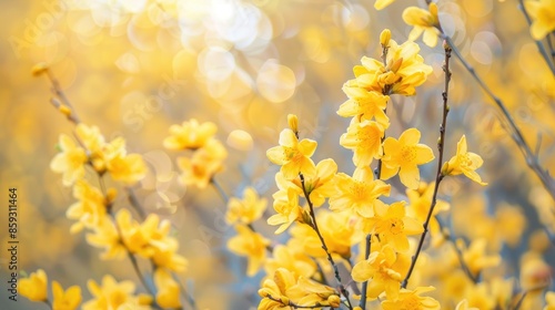 Fototapeta Naklejka Na Ścianę i Meble -  Forsythia bush with yellow flowers in spring with selective focus Copy space in the background