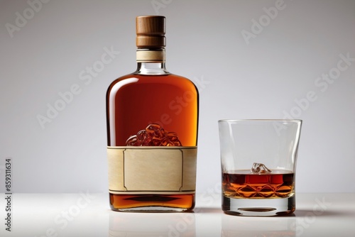 Bourbon: A simple bourbon bottle and a glass of bourbon.