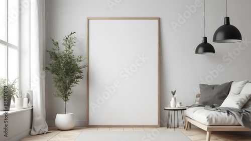 Scandinavian room interior with mock up photo frame, Luxury living room in house with modern interior design, Modern interior design. 3D render