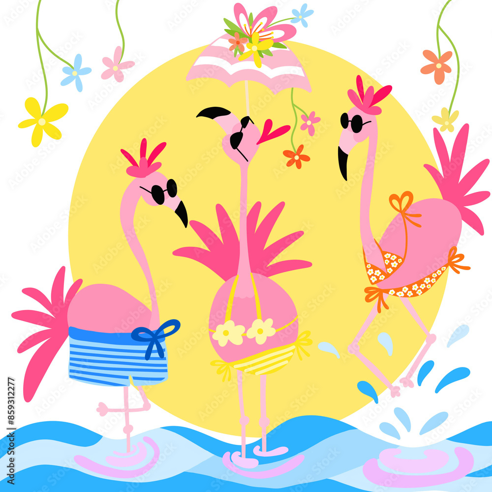 Cartoon flamingos at the beach Cartoon flamingos at the beach