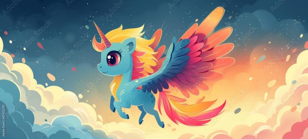 Colorful mid-century-style flat illustration of a cute Hippogriff in sky blue, rose, fuchsia, and yellow hues. Colorful mid-century-style flat illustration of a cute Hippogriff in sky blue, rose, fuchsia, and yellow hues.