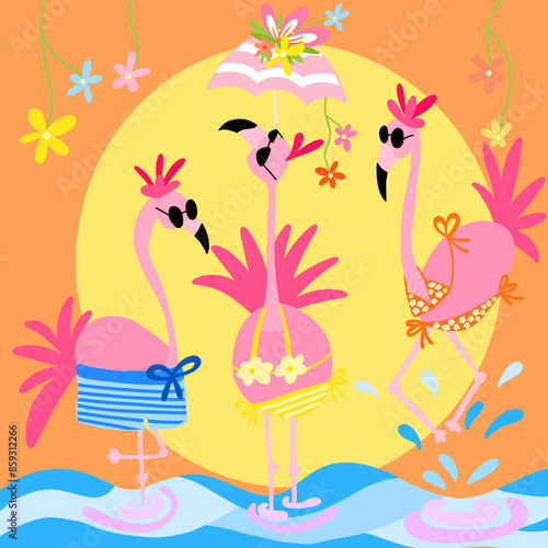 Cartoon flamingos at the beach
