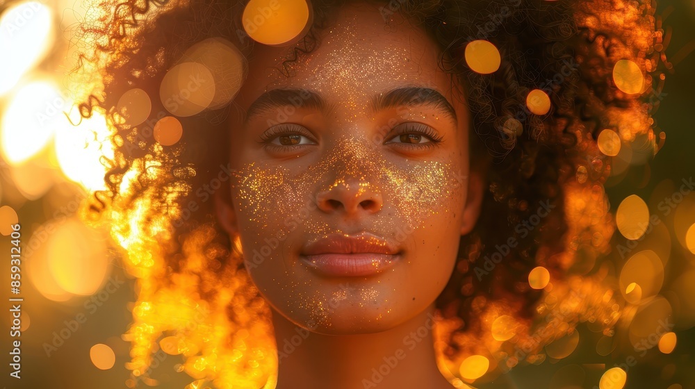 A radiant portrait of a woman with glittering makeup, her face glowing in the warm, golden sunlight. The outdoor setting adds a magical and dreamy quality to her expression. A radiant portrait of a woman with glittering makeup, her face glowing in the warm, golden sunlight. The outdoor setting adds a magical and dreamy quality to her expression.