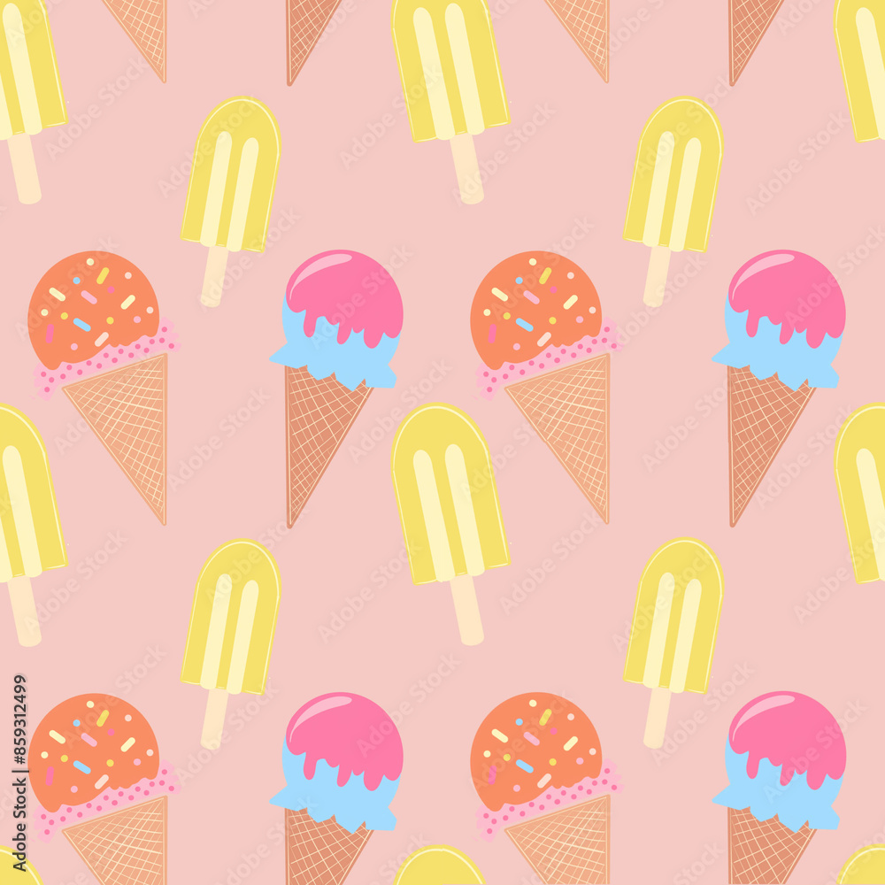 Ice cream and popsicle seamless pattern on pink background Ice cream and popsicle seamless pattern on pink background