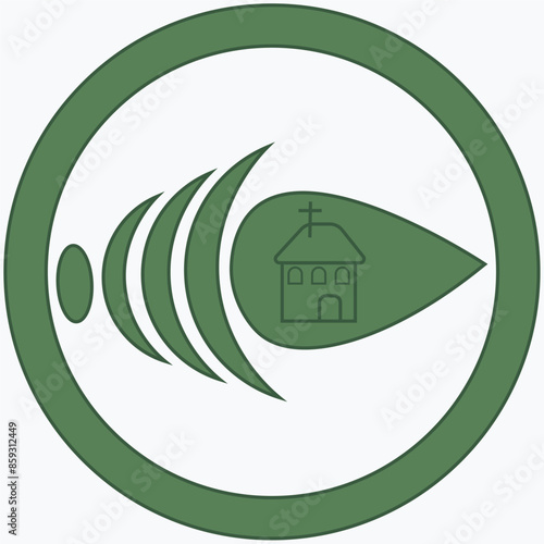 Christian icon - pointer. Vector image of a fish in the form of electronic waves. The church is drawn inside a fish. Can be used for Wi-Fi and email.