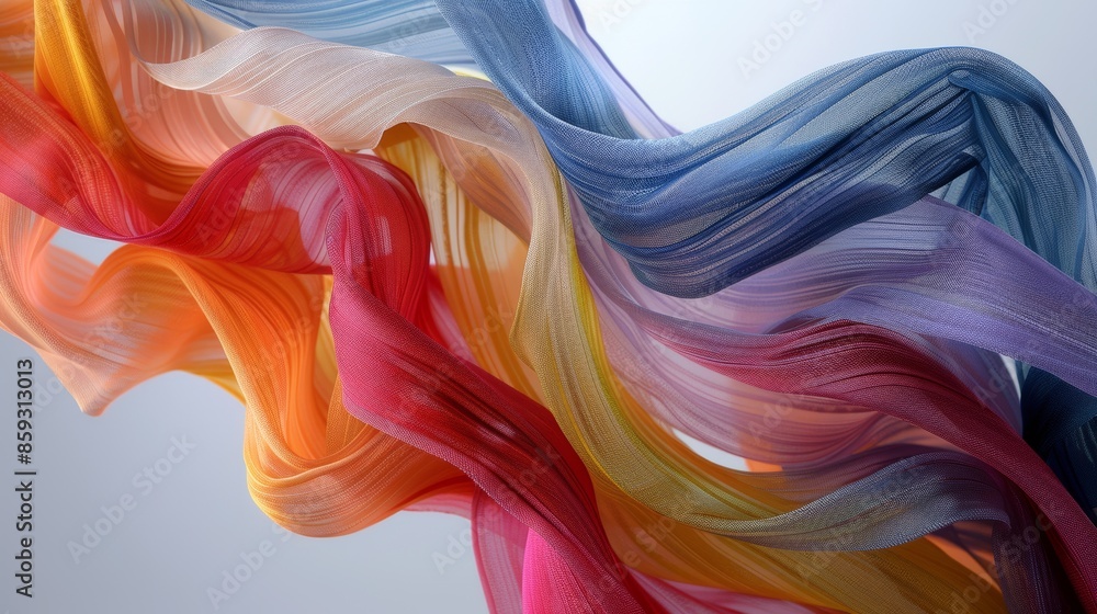 Fototapeta premium Dynamic Swirls of Color: Vibrant Woven Fabrics in Motion on Minimalist Background