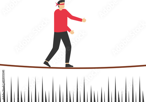 Vector blindfolded businessman in a predicament balancing on tightrope illustration

