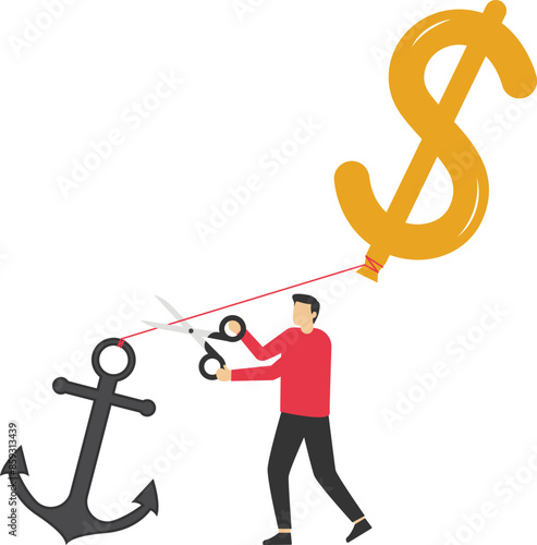 Hand holding scissors cutting a rope with an anvil on one side and balloon with word PRICES on other. Inflation and crisis concept. Vector illustration.

