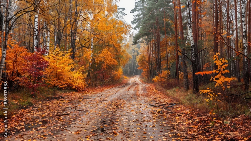 Obraz premium Parquet path surrounded by autumn colors for photo opportunities