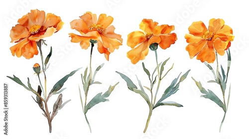 Fototapeta Naklejka Na Ścianę i Meble -  A watercolor illustration of four bright orange marigold flowers with green leaves, set against a clean white background.