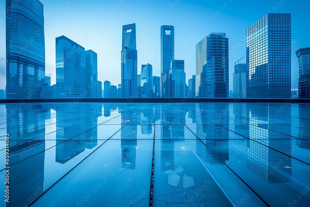 Modern city skyline with skyscrappers and reflection created with Generative AI Modern city skyline with skyscrappers and reflection created with Generative AI