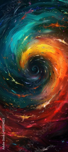 A dazzling cosmic whirlpool of radiant colors spiraling into a mysterious abyss. photo