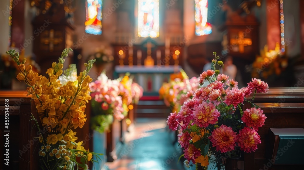Sunlit church interior adorned with vibrant pink and yellow floral ...