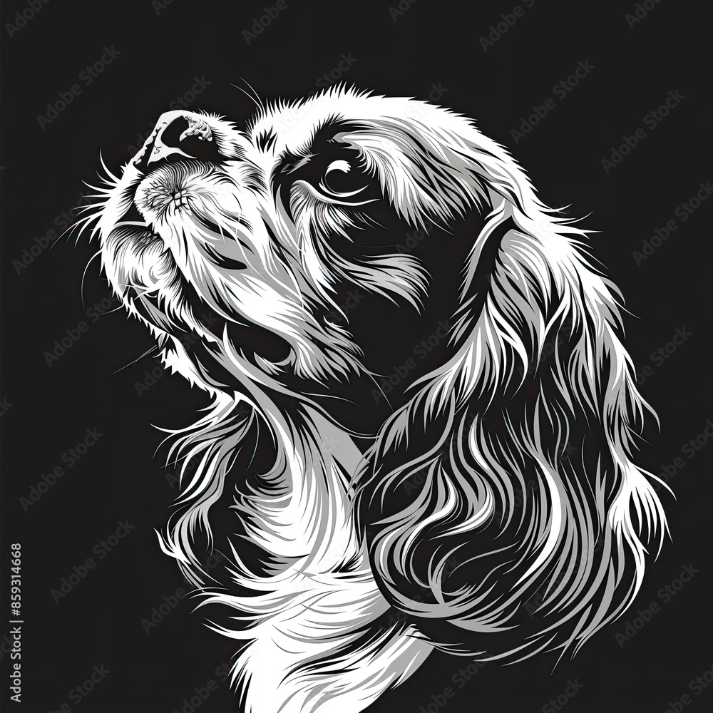 A black and white drawing of a Cavalier King Charles Spaniel dog A black and white drawing of a Cavalier King Charles Spaniel dog