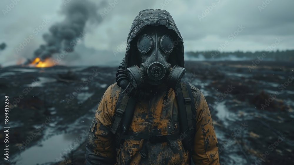 An intense image captures a person in a worn-out gas mask, standing in a fiery, ravaged wasteland, representing the grim reality of survival and resilience in a post-apocalyptic scenario. An intense image captures a person in a worn-out gas mask, standing in a fiery, ravaged wasteland, representing the grim reality of survival and resilience in a post-apocalyptic scenario.