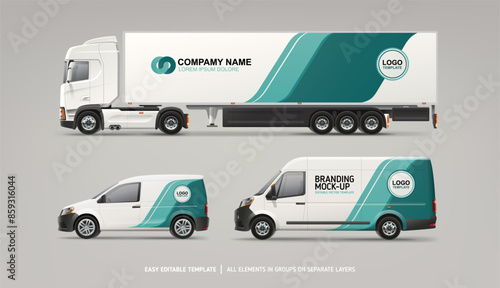 Realistic vector Van, truck trailer mockup with green stripes design for branding and corporate identity. Abstract graphics of blue and black stripes for business flyer background