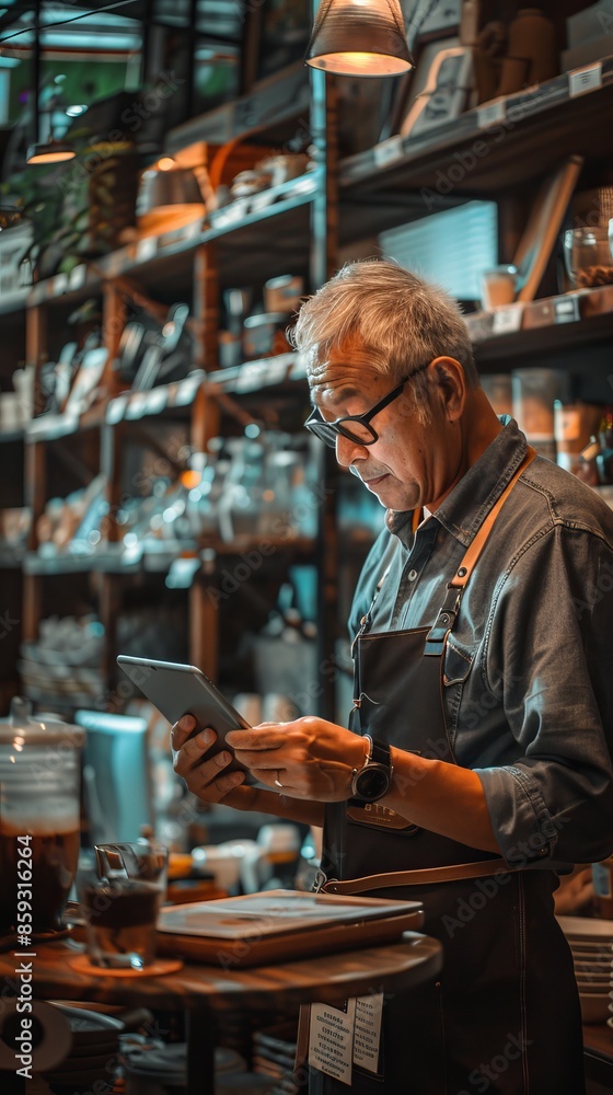 A coffee shop owner taking inventory with a tablet A coffee shop owner taking inventory with a tablet