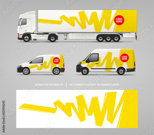 Perfect vector set of Van, Truck mockup with branding and corporate identity decal. Abstract graphics of yellow stripe for business flyer background. Brand identity concept. Advertising AD banner