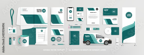 Pefect vector Brand Identity concept of stationery Mock-Up set with green abstract graphics (set 2). Corporate style on stationery mockup template of File folder, annual report, van car, AD banner