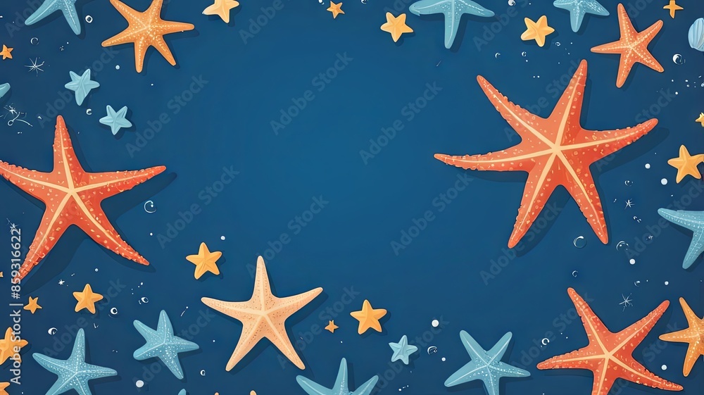 Simple frame of star fish on blue background, Ai generated Simple frame of star fish on blue background, Ai generated