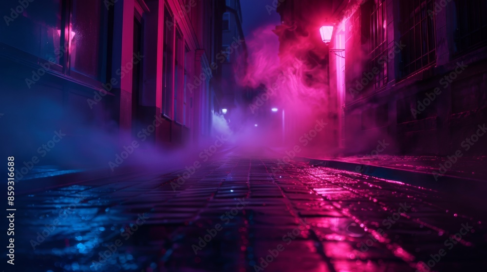 Mysterious Foggy Alleyway in Neon Lights Mysterious Foggy Alleyway in Neon Lights