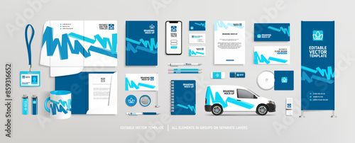 Vector Brand Identity concept of editable stationery Mock-Up set with green abstract graphics (set 5). Corporate style on stationery mockup template of File folder, annual report, van car, AD banner