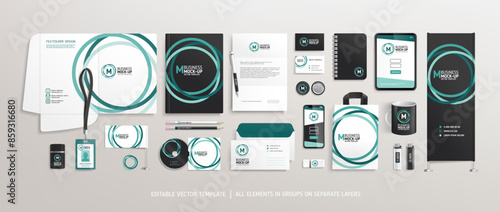 Vector Brand Identity concept of stationery Mock-Up set with green abstract graphics (set 4). Corporate style layout on stationery mockup template of File folder, annual report, van car, AD banner