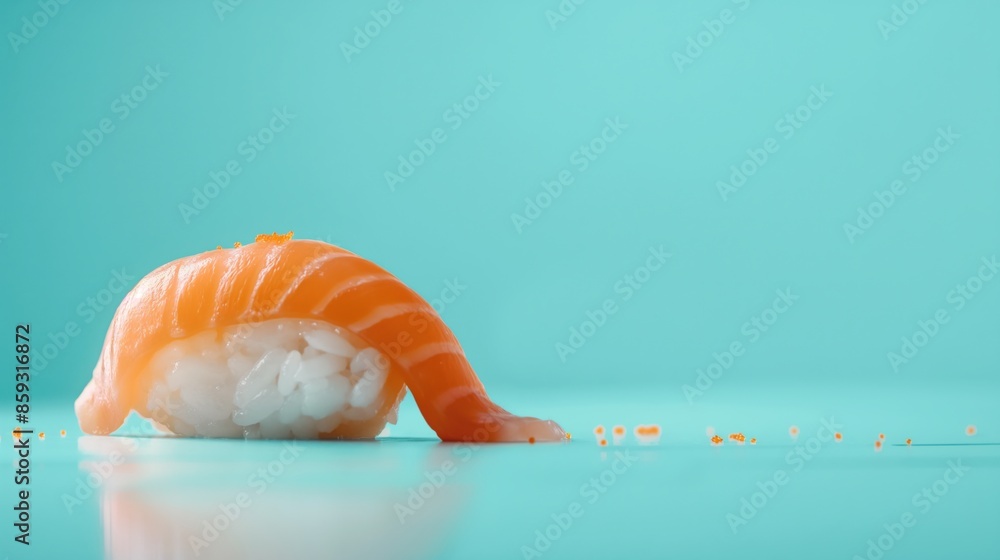 A piece of nigiri sushi with salmon on a blue background. A piece of nigiri sushi with salmon on a blue background.