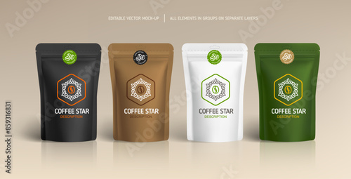 "Coffee Star" brand identity with logo design on food zip-package mock-up 1. Coffee collection with brand logo concept. Stand-up foil or paper pouch - vector layout 1