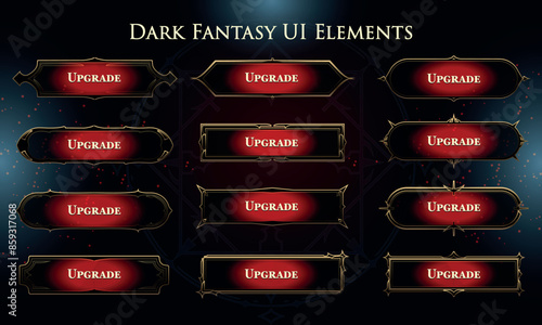 Set of Dark Fantasy Buttons for user interface, poster, video. Fantasy magic HUD. Template for rpg game interface. Vector Illustration EPS10