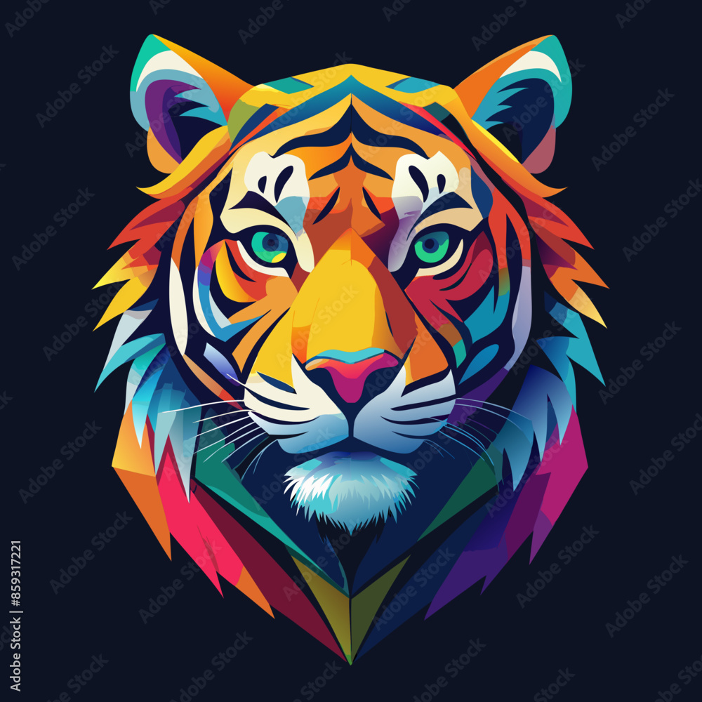 green, blue, black, magenta orange, yellow tiger face on black background green, blue, black, magenta orange, yellow tiger face on black background