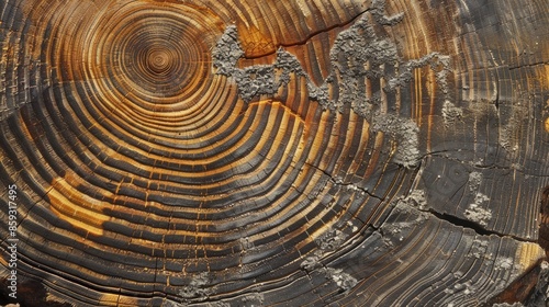 Cross section of weathered wood displaying annual growth rings