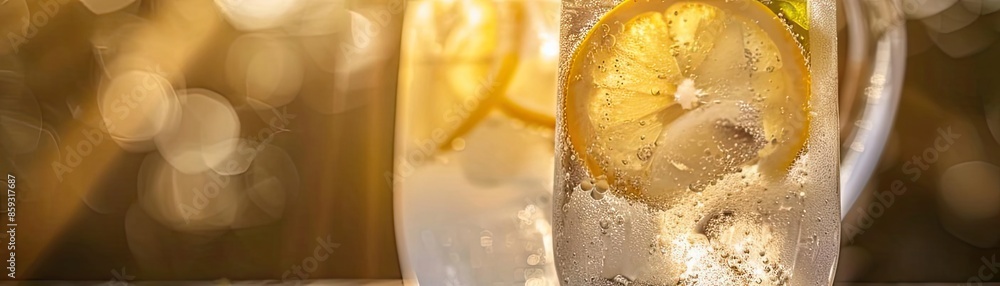 Refreshing lemonade with lemon slices in glass jar. Perfect summer drink on sunny day with bokeh background, ice, and condensation. Refreshing lemonade with lemon slices in glass jar. Perfect summer drink on sunny day with bokeh background, ice, and condensation.