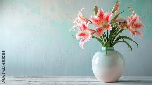 Wallpaper Mural Pink Lilies in a White Vase Against a Light Blue Wall Torontodigital.ca