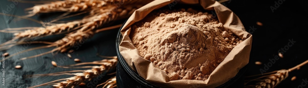 High-quality whole wheat flour in a brown paper bag, surrounded by wheat stalks, on a dark rustic background. High-quality whole wheat flour in a brown paper bag, surrounded by wheat stalks, on a dark rustic background.