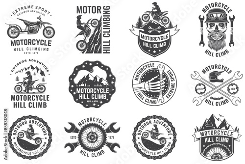 Set of motorcycle hill climb logos, badges, stickers. Vector. Extreme sport with motorcycle helmet, skull, glasses, bike, mountain and wrenches. Monochrome style