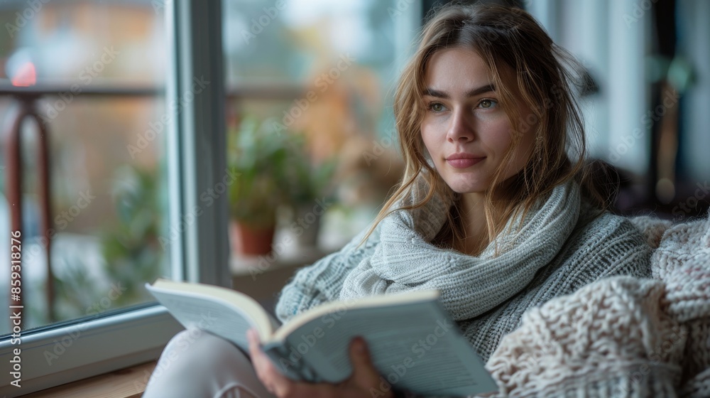Fototapeta premium woman is reading a book at home