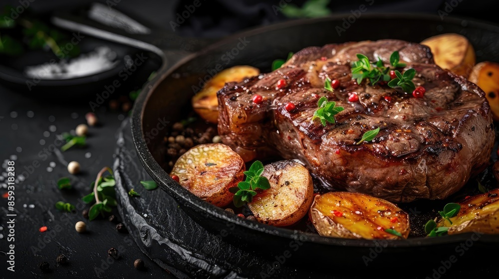 Delicious grilled steak with roasted potatoes, garnished with fresh herbs and spices, served in a rustic cast-iron skillet on a dark background. Delicious grilled steak with roasted potatoes, garnished with fresh herbs and spices, served in a rustic cast-iron skillet on a dark background.