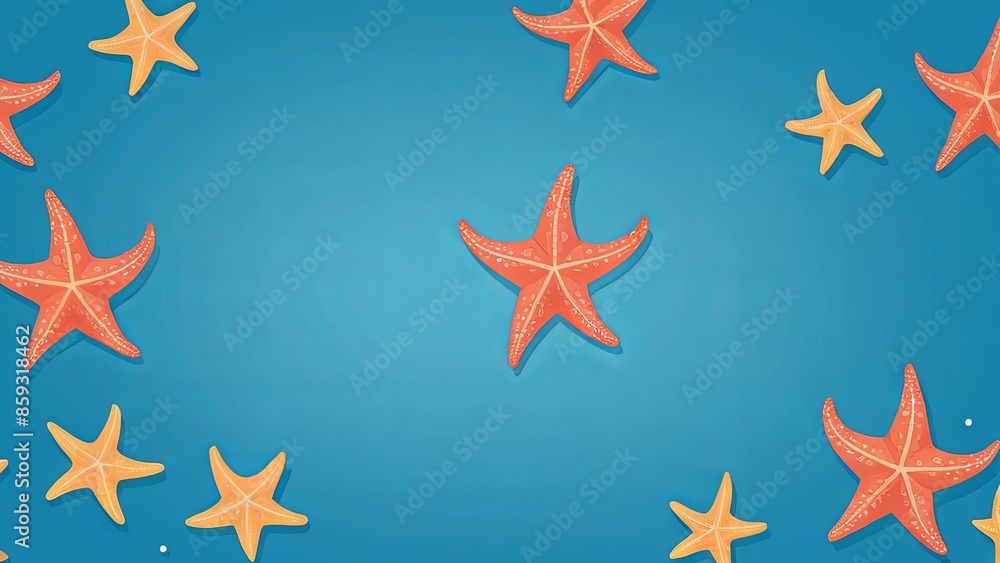 Simple frame of star fish on blue background, Ai generated