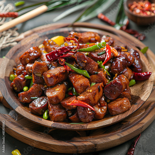 Stir-fried pork sausage with Chinese chili on a wooden plate, looks delicious photo