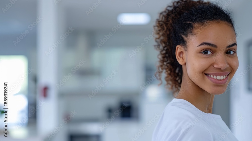 Mixed-race maid smiles for camera, cleans equipment, modern bright white home, woman to camera, cleaning service, solid color cleaning uniform Mixed-race maid smiles for camera, cleans equipment, modern bright white home, woman to camera, cleaning service, solid color cleaning uniform