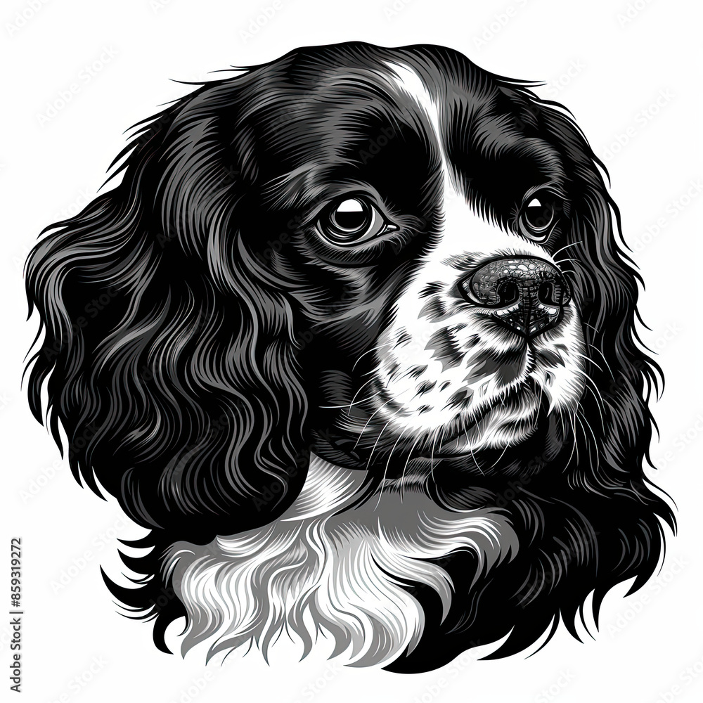 A black and white drawing of a Cavalier King Charles Spaniel dog A black and white drawing of a Cavalier King Charles Spaniel dog