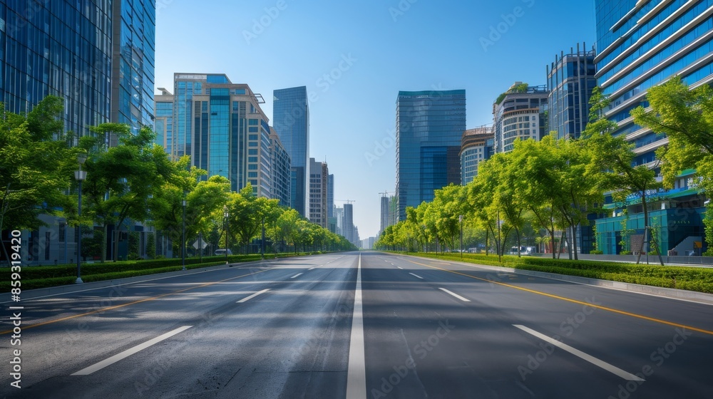 Empty City Street With Skyscrapers and Trees on a Sunny Day Empty City Street With Skyscrapers and Trees on a Sunny Day