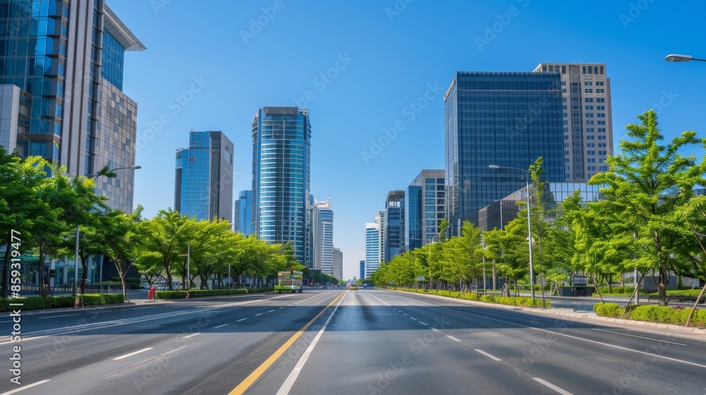 Empty City Street With Skyscrapers and Trees on a Sunny Day Empty City Street With Skyscrapers and Trees on a Sunny Day