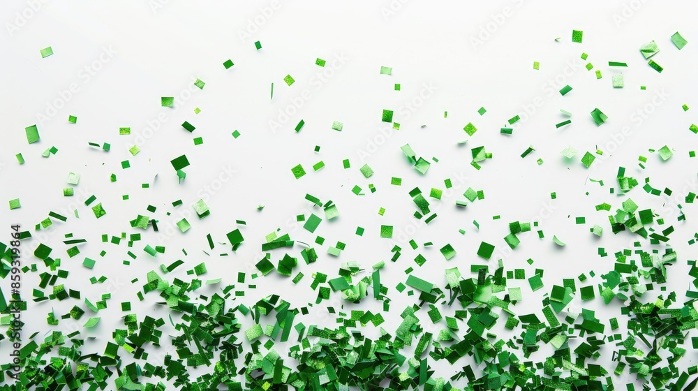 Vivid green confetti on white surface for celebrations Vivid green confetti on white surface for celebrations